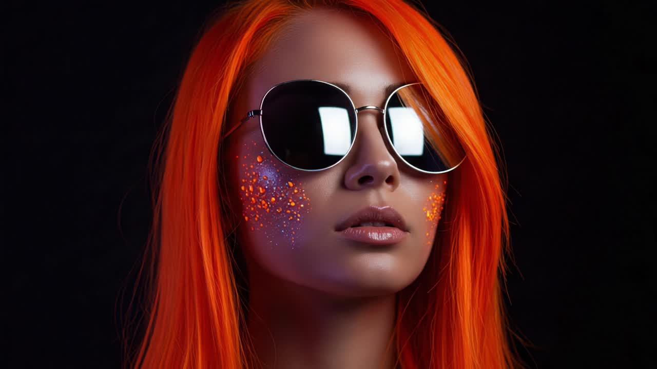 Striking Portrait of a Woman with Fiery Orange Hair and Reflective Sunglasses Highlighting a Unique Glow Effect on Her Cheeks Against a Dark Background