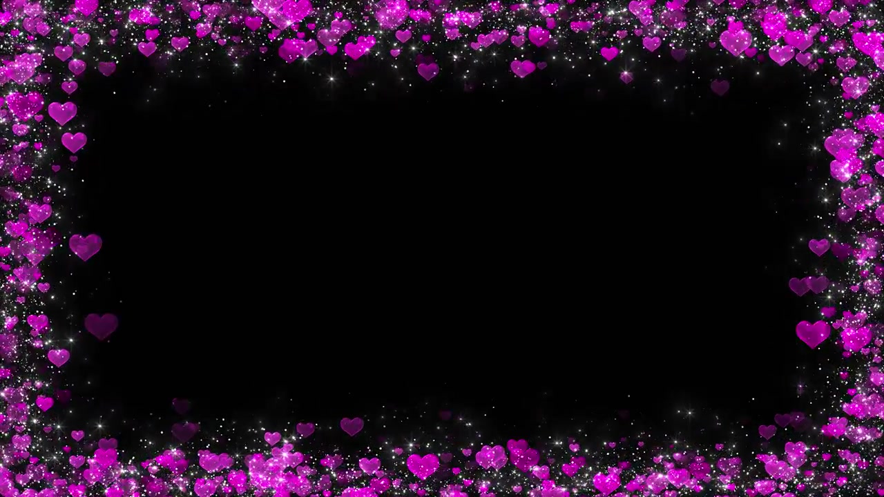 Sfondo con bordo a cuore viola, centro nero con spazio per testo, stelle bianche scintillanti e forme d'amore luccicanti.