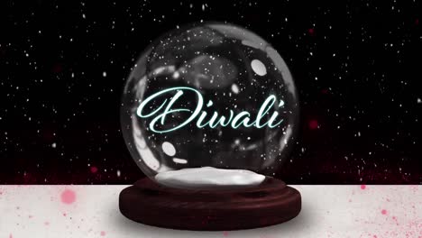 Animation-of-diwali-text-over-snow-globe,-shooting-star-and-snow-falling