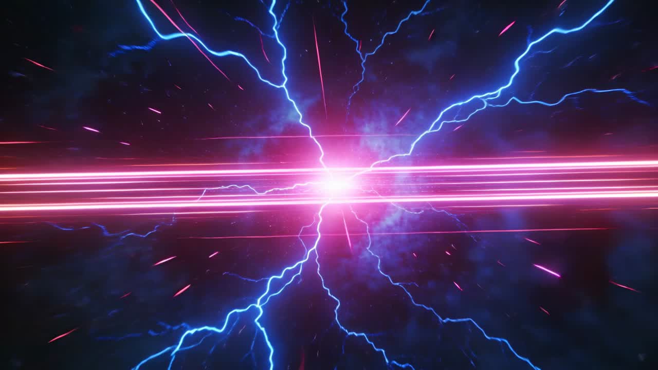 Pulsing central energy core appearing and sending branching blue arcs in space, magenta beams
