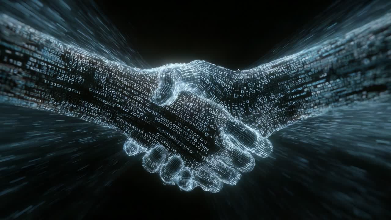 Glowing digital handshake formed by binary code streams on a dark background, symbolizing a futuristic business agreement, partnership, cybersecurity, and technological cooperation in cyberspace