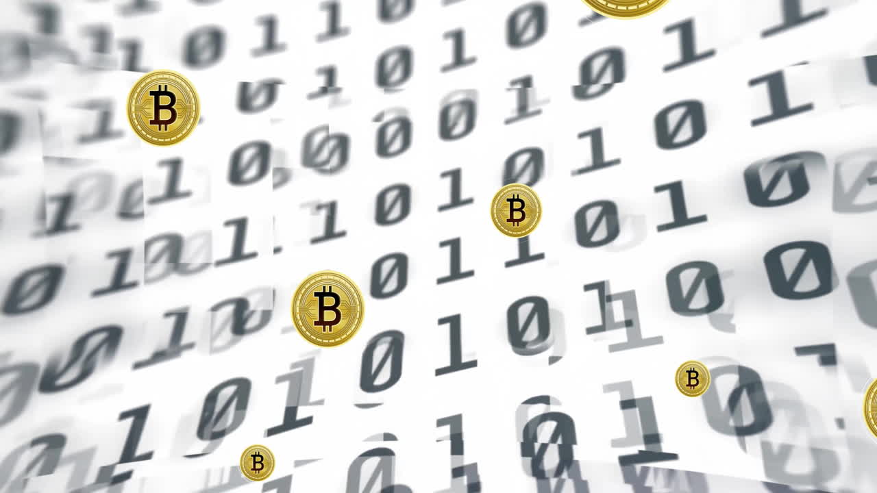 Animation of bitcoin currency icons financial data processing over binary coding