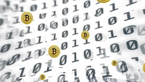 animación de los iconos de la moneda bitcoin procesamiento de datos financieros a través de codificación binaria
