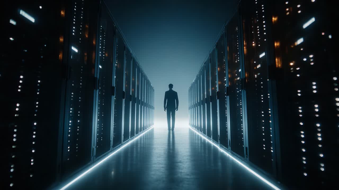 A Mysterious Figure Emerges from the Shadows in a Futuristic Data Center, Surrounded by Rows of Glowing Servers, Creating an Atmosphere of Intrigue and Technology