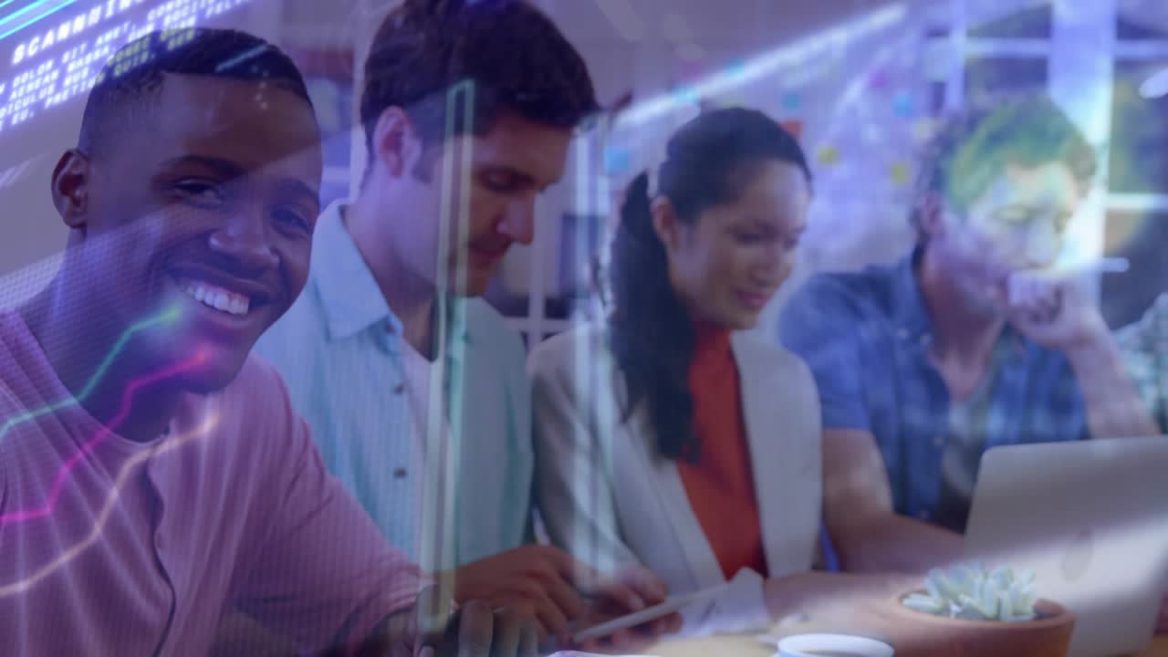 Left man tapping tablet, smiling as code streaks sweeping foreground, technology team collaborating