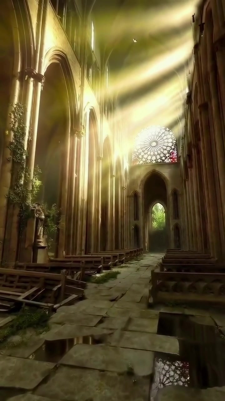 Luce solare che filtra attraverso vetrate colorate in una cattedrale gotica abbandonata