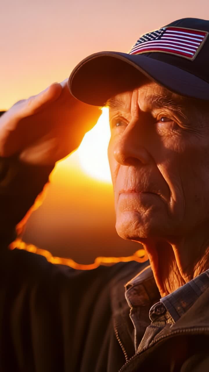Un uomo anziano che saluta il tramonto, indossa un cappello con la bandiera americana, che riflette orgoglio, onore e rispetto in un gesto cortese al crepuscolo