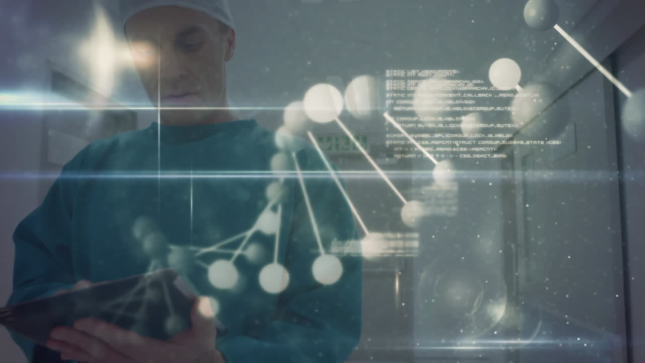 Surgeon uses tablet amidst 3D DNA visuals, symbolizing medical research and global networking.