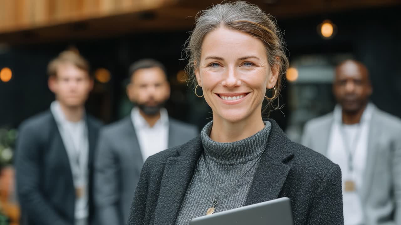 Sikker, profesjonell og smilende med bærbar PC i hånden, omgitt av teammedlemmer i moderne kontorlandskap, som utstråler suksess og lagånd