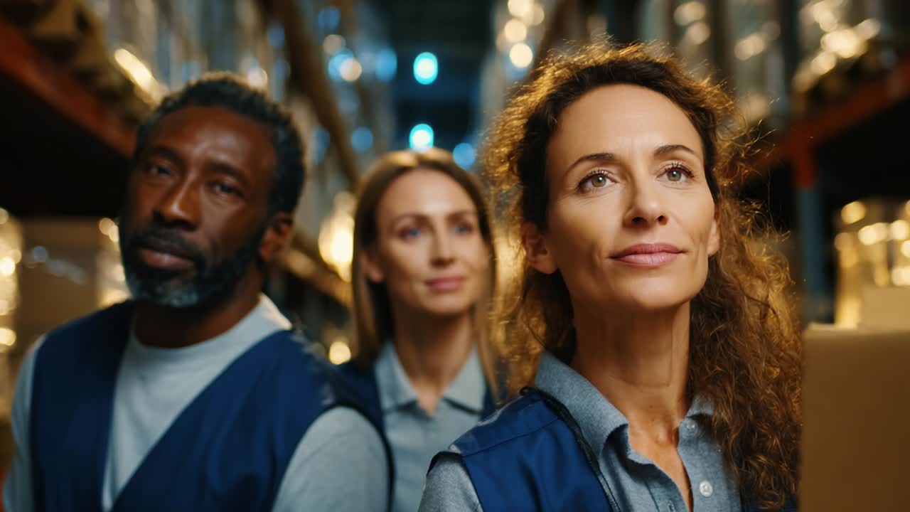 A motivated team of warehouse workers standing in an organized storage facility, showcasing their commitment to teamwork and collaboration as they look towards new challenges with a focused perspective