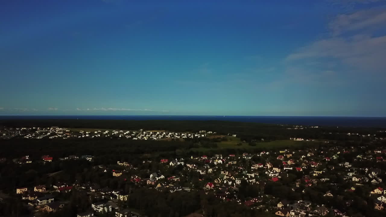 slow motion right pan shot of the city in suburb mahe to maardu shipyard across the blue sk