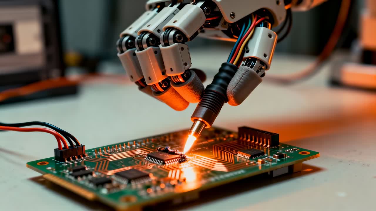 Receiving command, robotic arm aligning and soldering green PCB on lab bench, with molten tip