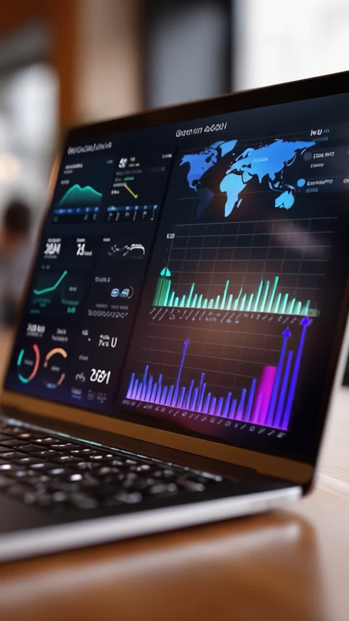 Dynamic Data Visualization on Laptop Screen Featuring Analytics Dashboards with Graphs, Charts, and Real-Time Metrics in a Modern Workspace Setting