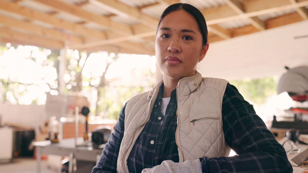 목수 여성, 얼굴과 목재 작업실