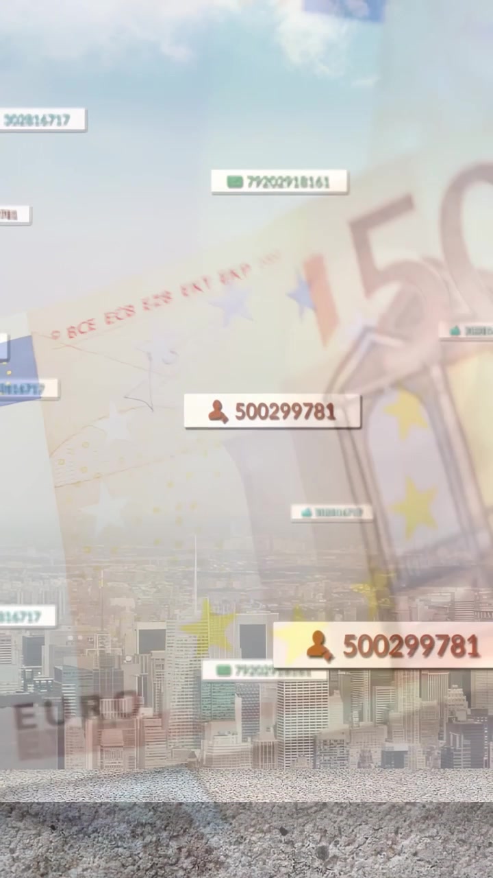 Video verticale: HUD che appare, banconota da 50€ che scivola e si sposta, badge che si appuntano, tracciamento 500299781.