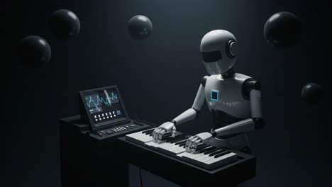 a futuristic robotic musician skillfully plays a keyboard, surrounded by abstract elements, showcasing advanced artificial intelligence in music production
