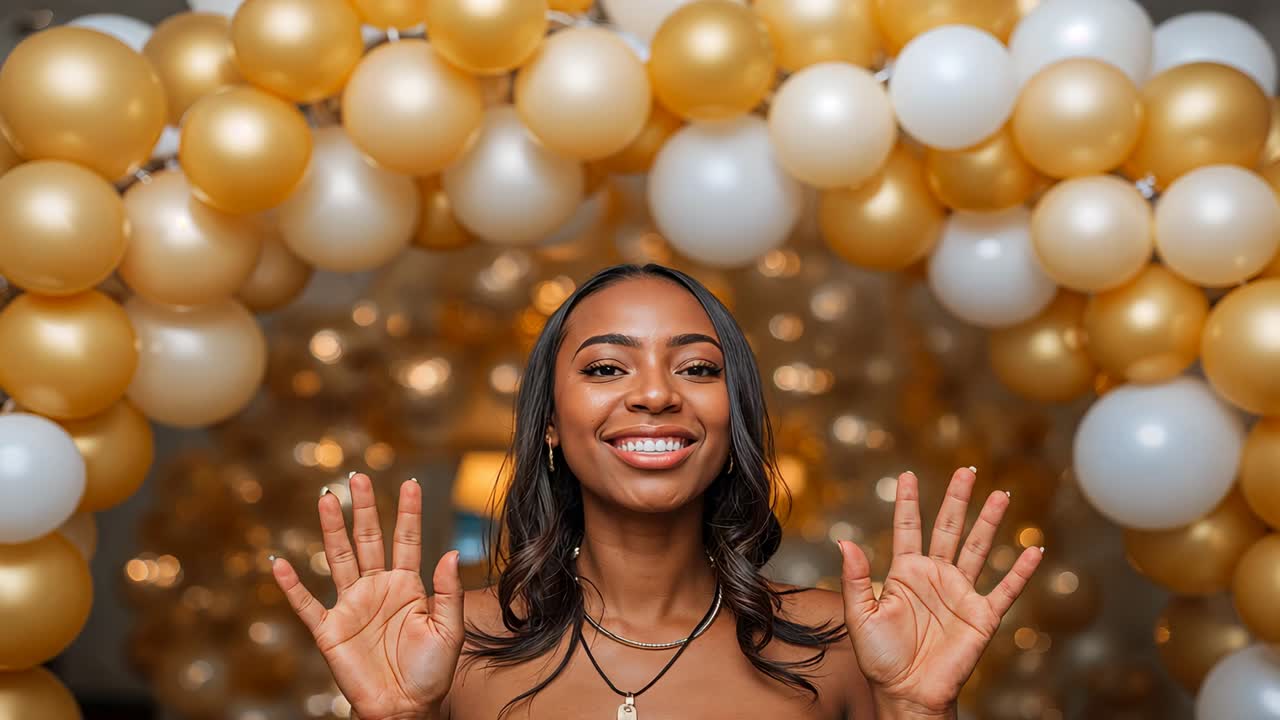 Camera zooming smiling woman in tube-top lowering hands leaning greeting at party under arch chain