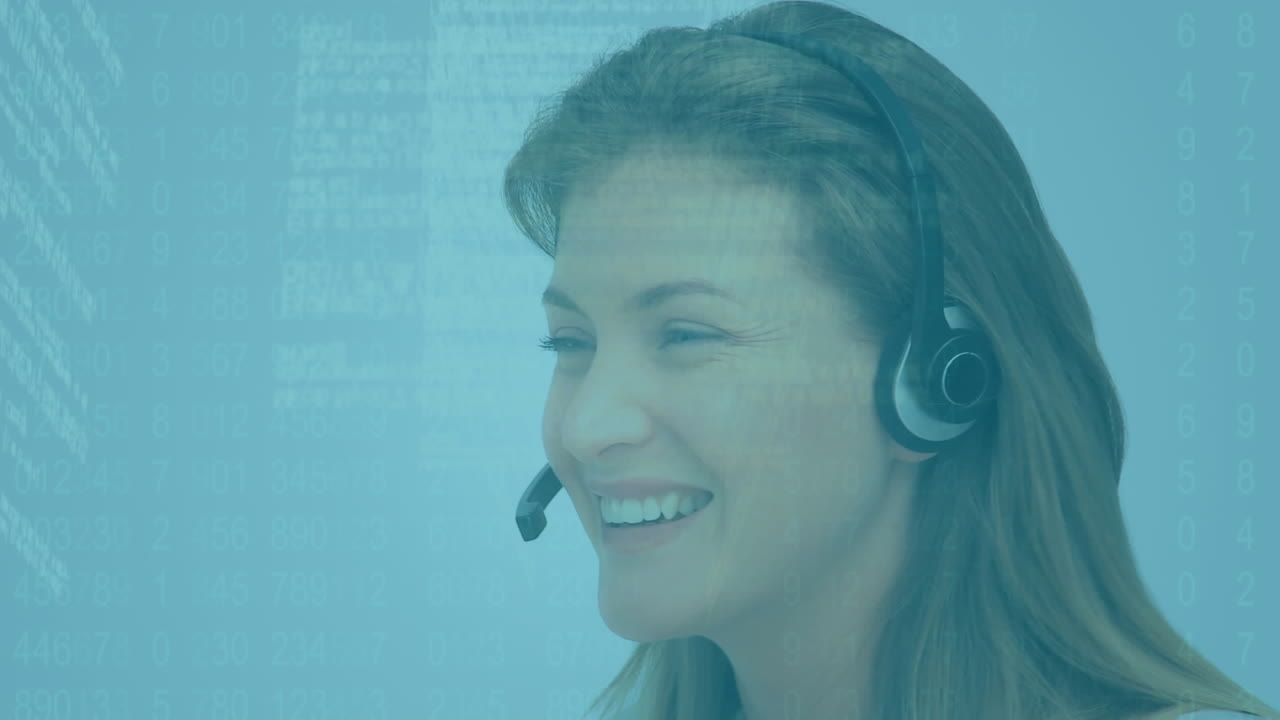 Animation of data processing over caucasian woman using phone headset working in call center