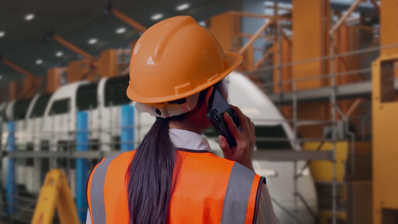 Inquadratura ravvicinata da dietro di un'ingegnera asiatica con casco di sicurezza che parla al telefono mentre è in piedi, ingegneri addetti alla manutenzione dei treni in un deposito