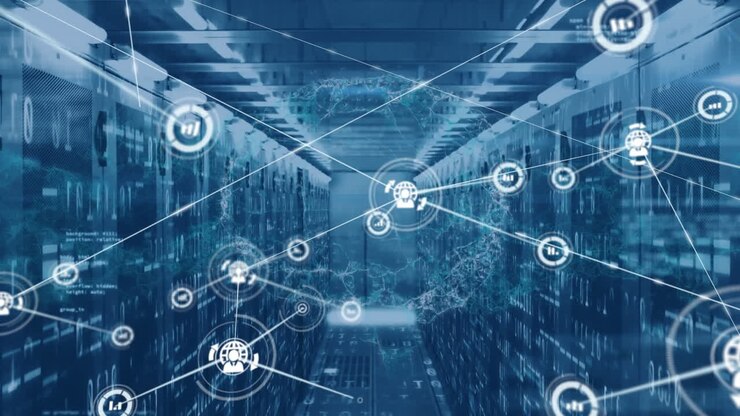 Animation of network of connections over spinning human brain icons against computer server room