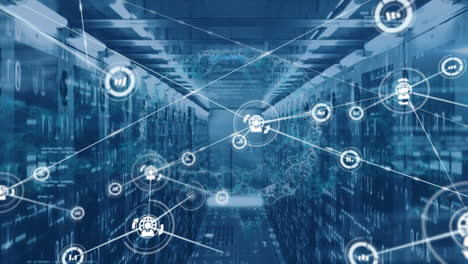 animation of network of connections over spinning human brain icons against computer server room