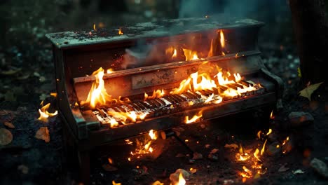 a piano sitting on fire in the woods