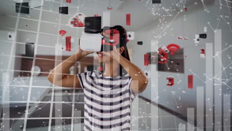 animación del procesamiento de datos sobre una mujer biracial con auriculares vr