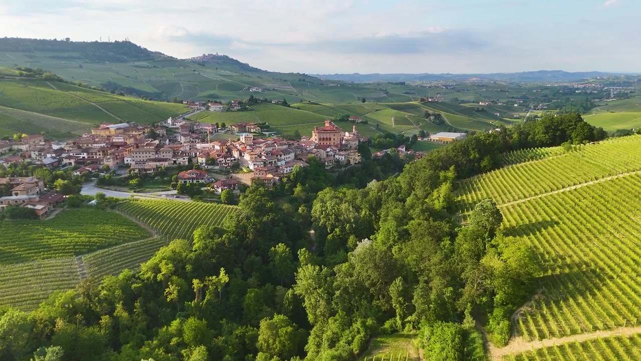 Ampia ripresa aerea con drone di un villaggio storico italiano circondato da lussureggianti colline di vigneti verdi.