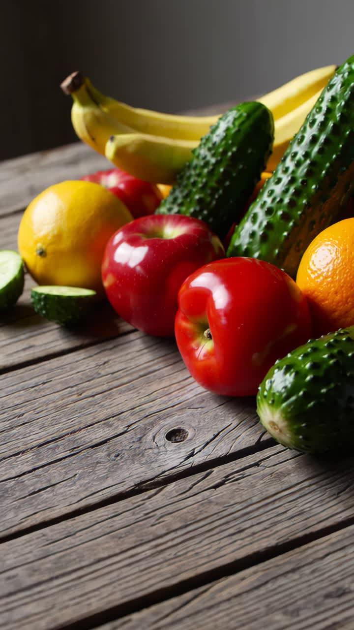 A vibrant assortment of fresh fruits and vegetables on a rustic wooden table