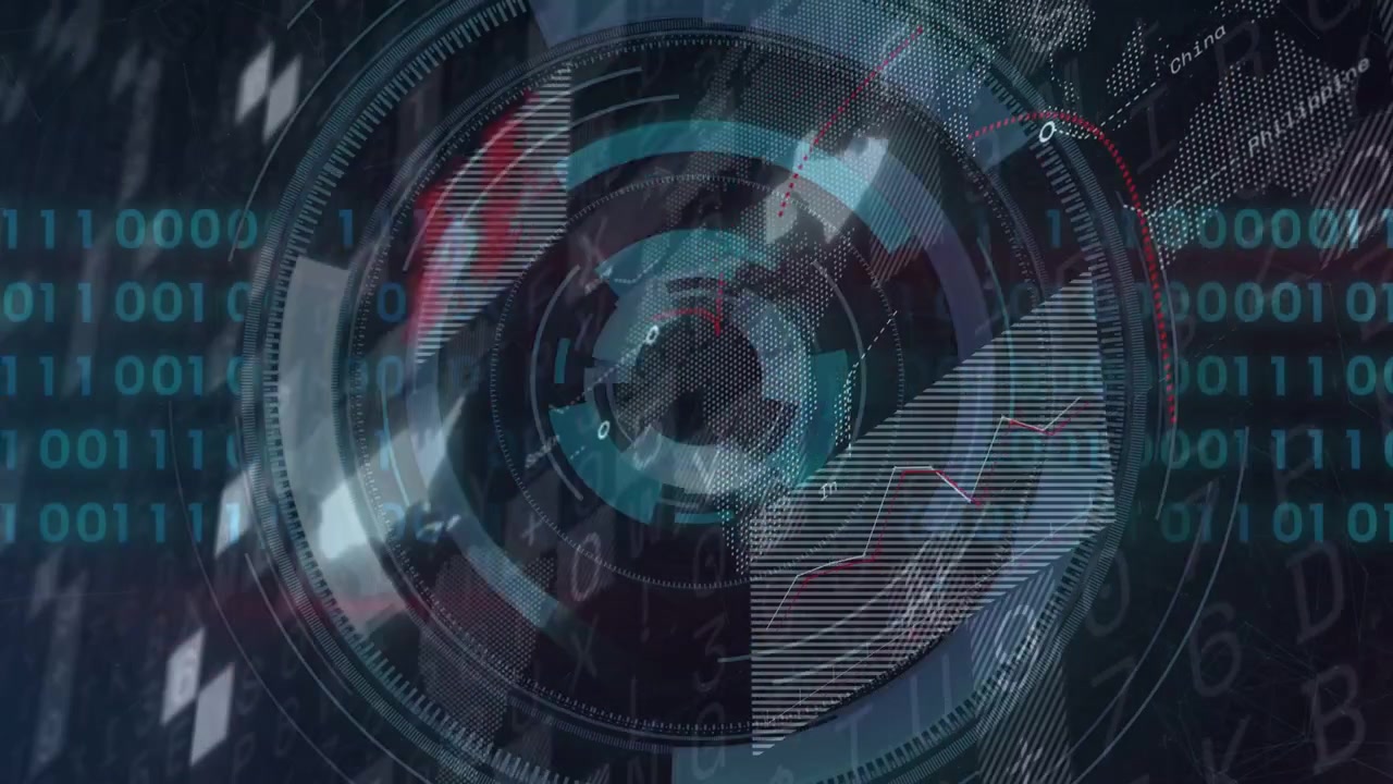 Alphanumeric tiles shifting revealing HUD rings rotating and visualizing global data