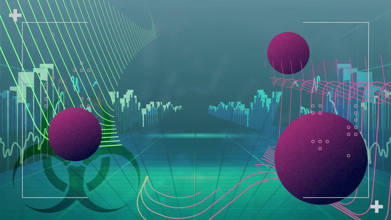 Abstract Digital Animation of Biohazard Symbol and Financial Data Graphs