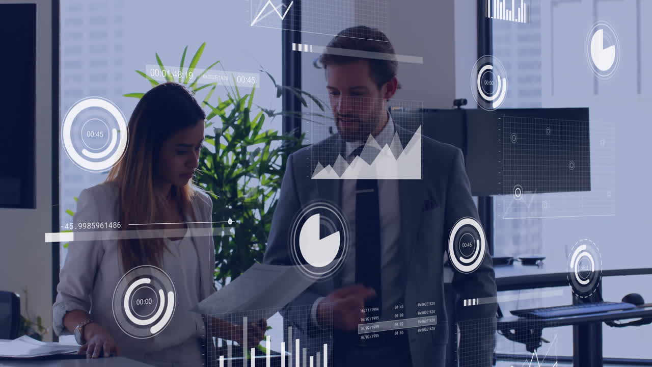 profesionales de negocios que revisan documentos con gráficos y gráficos de datos sobre animación