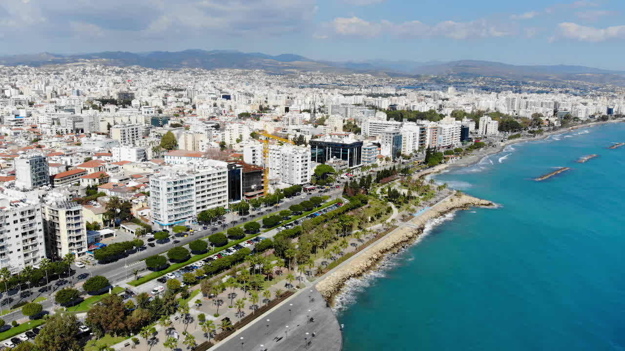 Aerial drone view of the Limassol Promenade on the coast of Cyprus