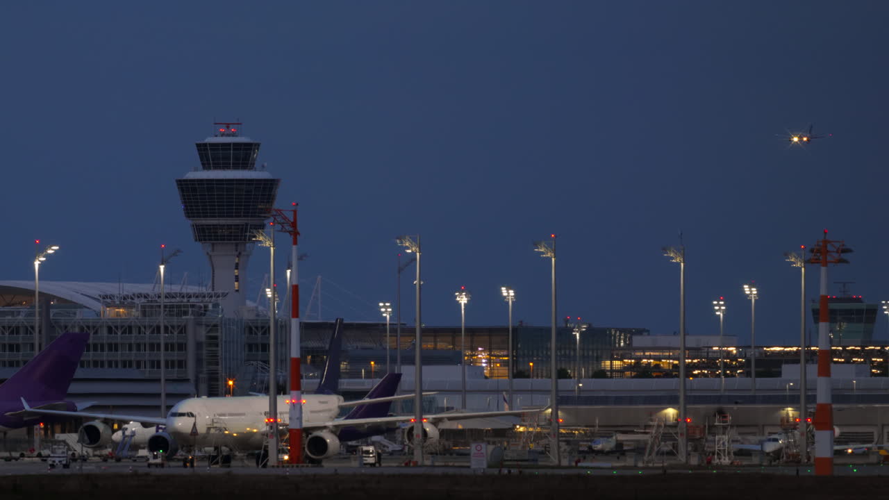 공항에서 밤에 비행기가 착륙하는 것
