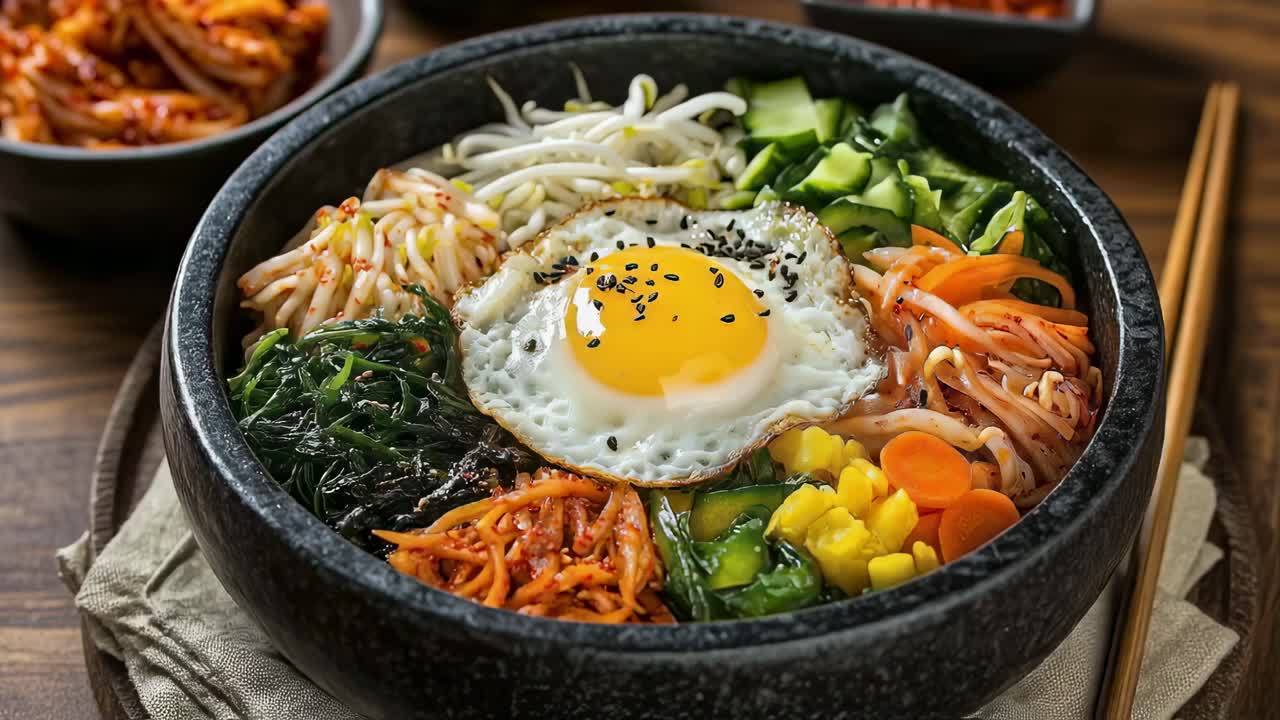 Korean bibimbap presenting colorful sauteed vegetables, crispy fried egg topping, spicy gochujang sauce blending over steamed rice, showcasing traditional culinary artistry
