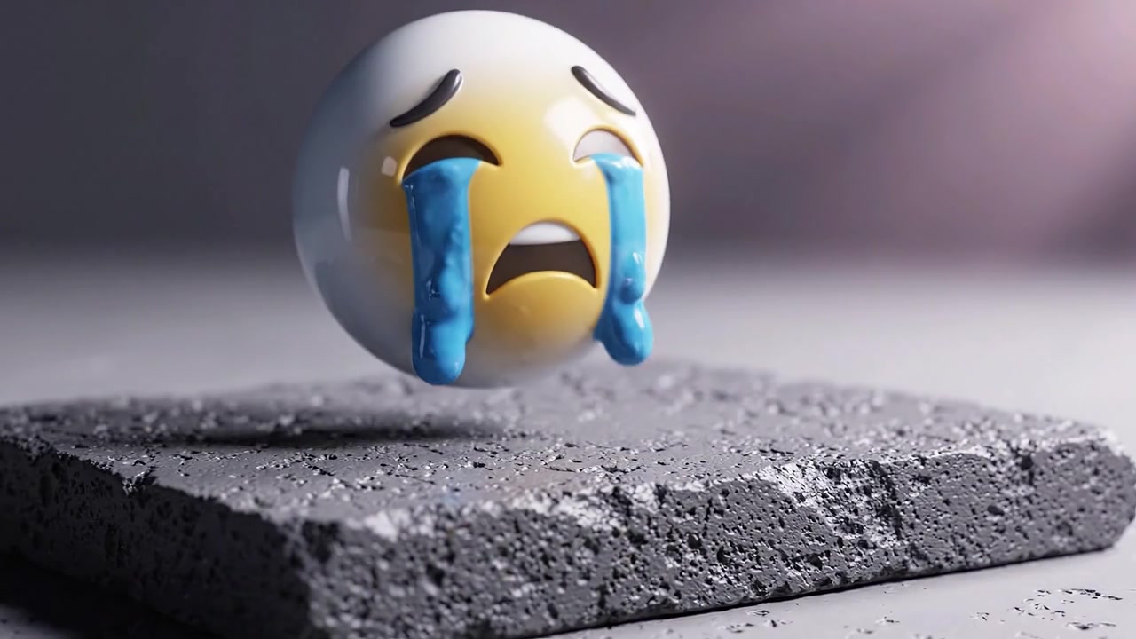 Detailní pohled na rozrušené emoji, zobrazující slzy smutku, na texturovaném šedém pozadí, zdůrazňující emocionální výraz a detaily designu