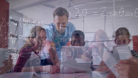 Animation of math formulas moving over diverse male teacher and pupils working on laptop