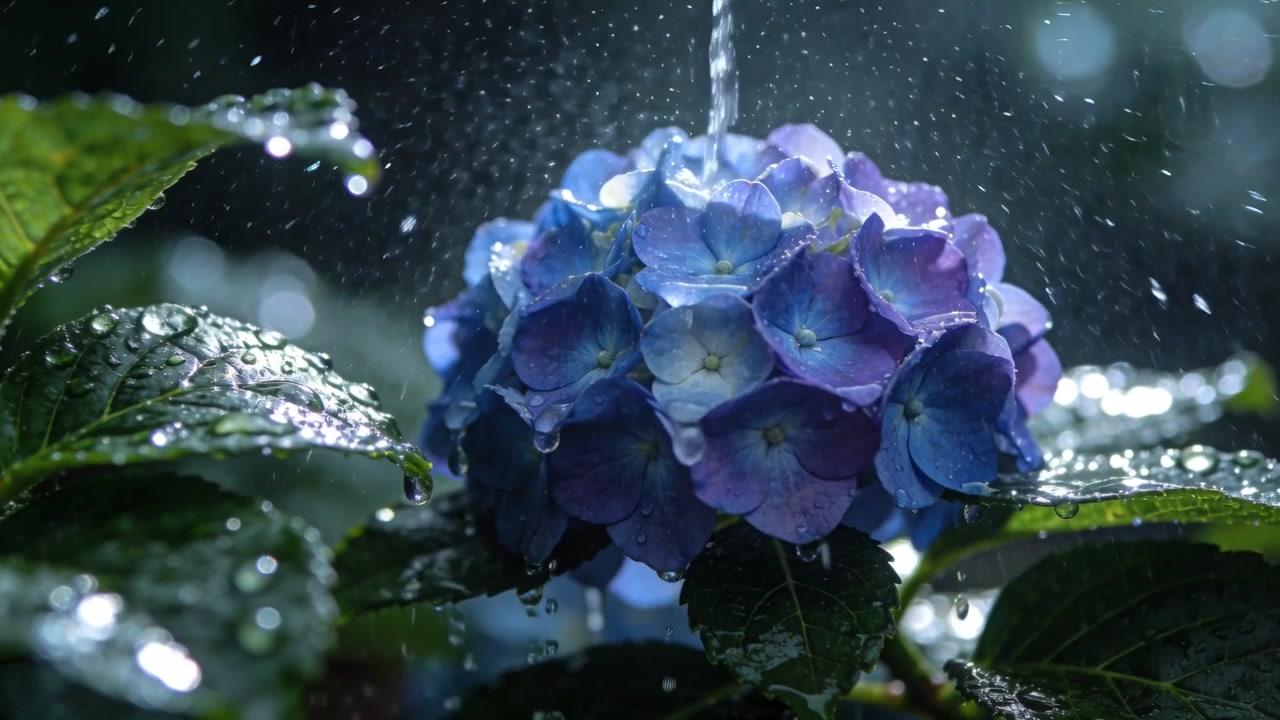 Receiving vertical water stream, blue hydrangea bloom making splashes in garden, sending droplets