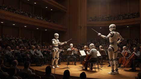 a captivating performance by robotic conductors and human musicians in an elegant concert hall: a harmonious blend of technology and artistry