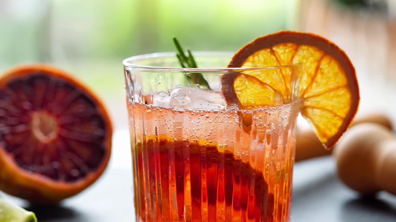 Video ravvicinato di un cocktail vibrante con guarnizione di agrumi, ripreso all'altezza degli occhi per una vista rinfrescante.
