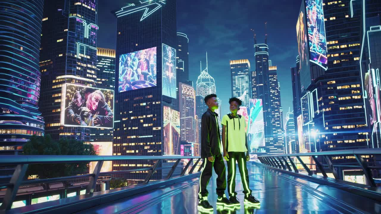 Two Boys in a Futuristic Cityscape