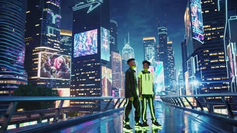 two boys in a futuristic cityscape