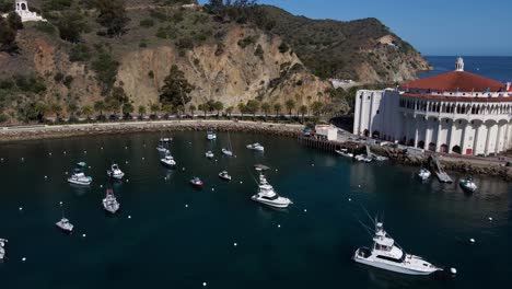 close up of avalon catalina island casino aerial 4k drone footage