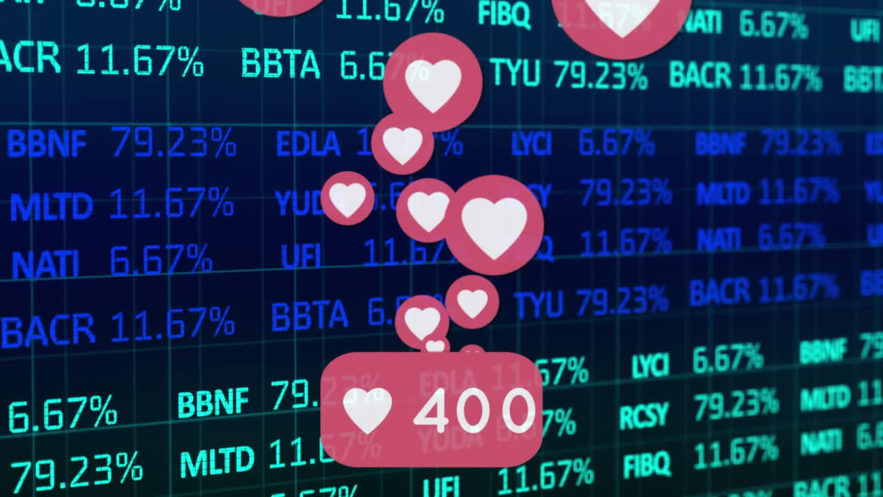 animación del icono del amor con números crecientes y corazones flotando sobre acciones financieras procesamiento de datos