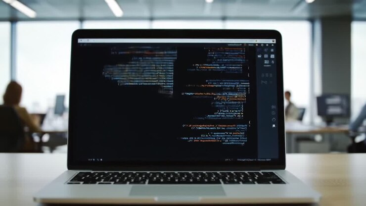 Lo spazio di lavoro di un programmatore che mostra un laptop con sequenze di codice complesse, evidenziando l'essenza dello sviluppo software moderno in un ambiente d'ufficio contemporaneo