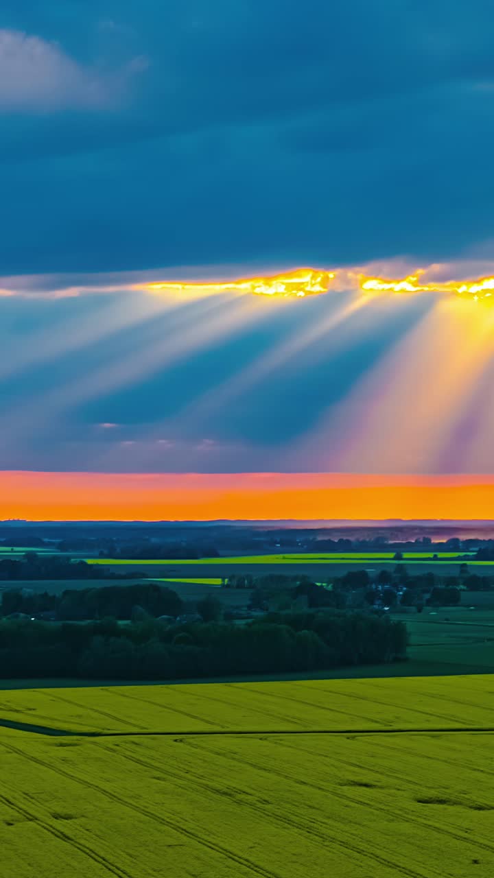 Colorful Sunset Sky With Clouds Over Farm Fields - Vertical, Timelapse