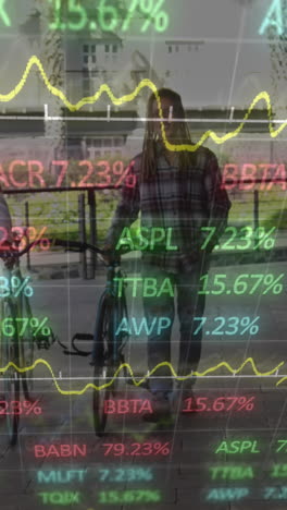 animación de gráficos financieros y datos sobre el paisaje urbano y diversos hombres con bicicletas