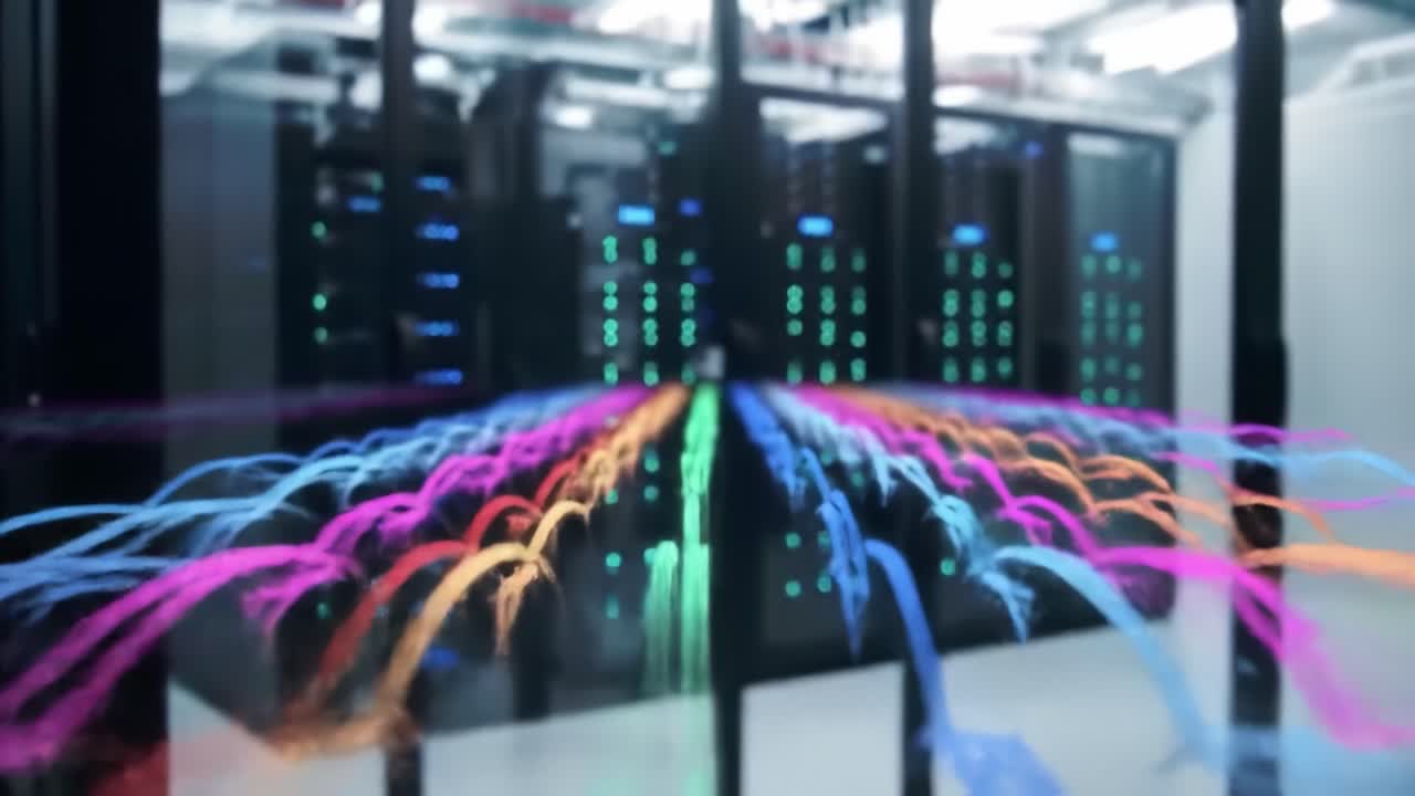 Discover the dynamic environment of a data center filled with blinking lights and lively network activity. The visual display illustrates the complexity of data management and processing.