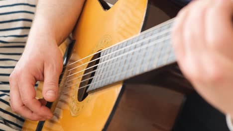 young dad playing guitar for his family while sitting on sofa. relaxing at home on the sofa, the husband sings for his wife. happy family relaxing together at home