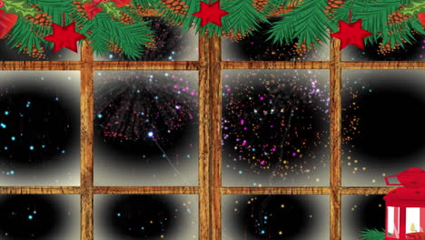 lámpara de navidad, decoraciones y marco de ventana de madera contra los fuegos artificiales de colores explotando